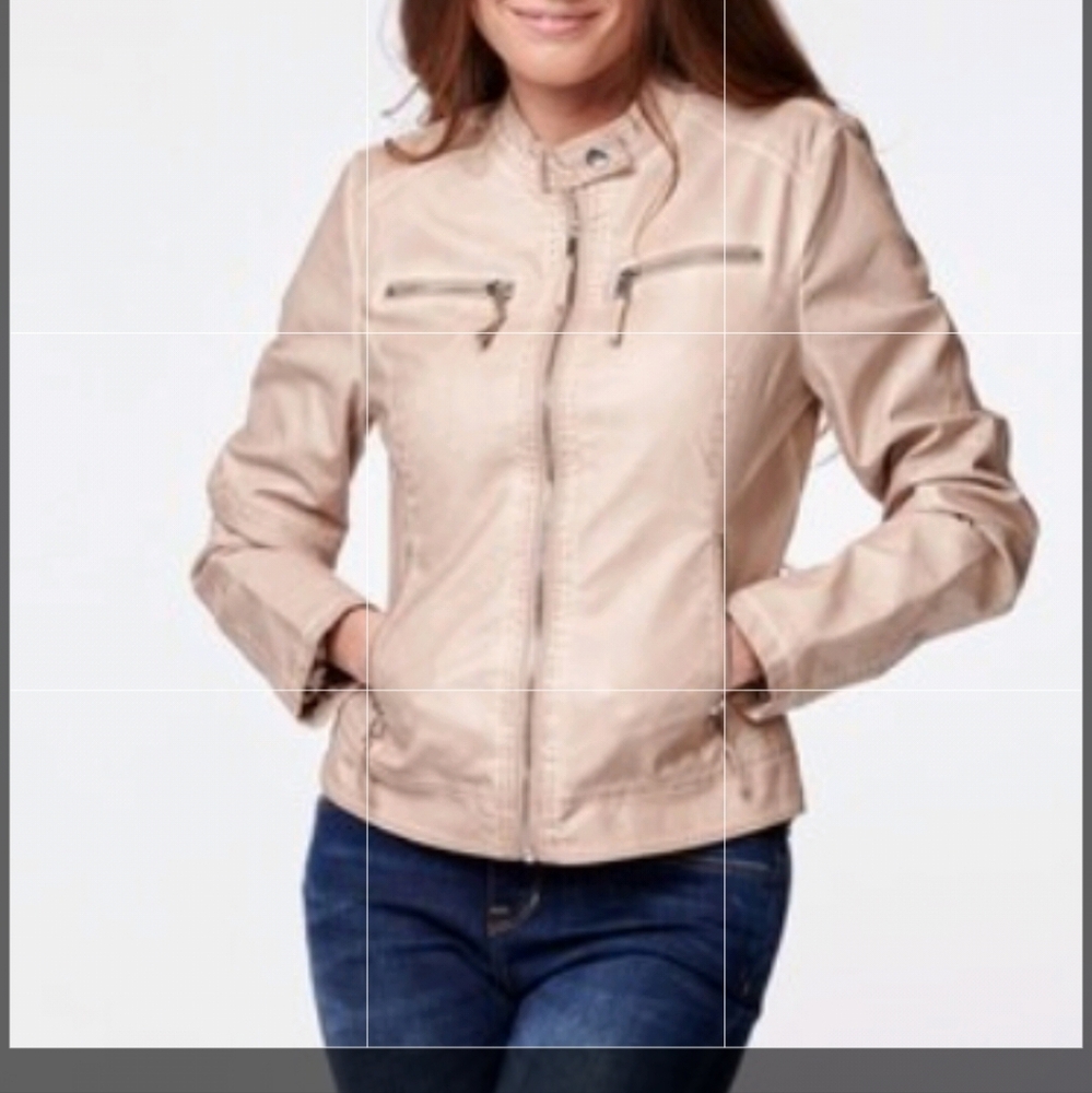 Rino & Pelle Women Faux Leather Moto‎ Jacket Round Neck Sz34 Beige